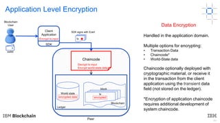 44
World state
Blockchain
block
…
Application Level Encryption
Ledger
Encrypt tx input
Client
Application
SDK
Chaincode
De...