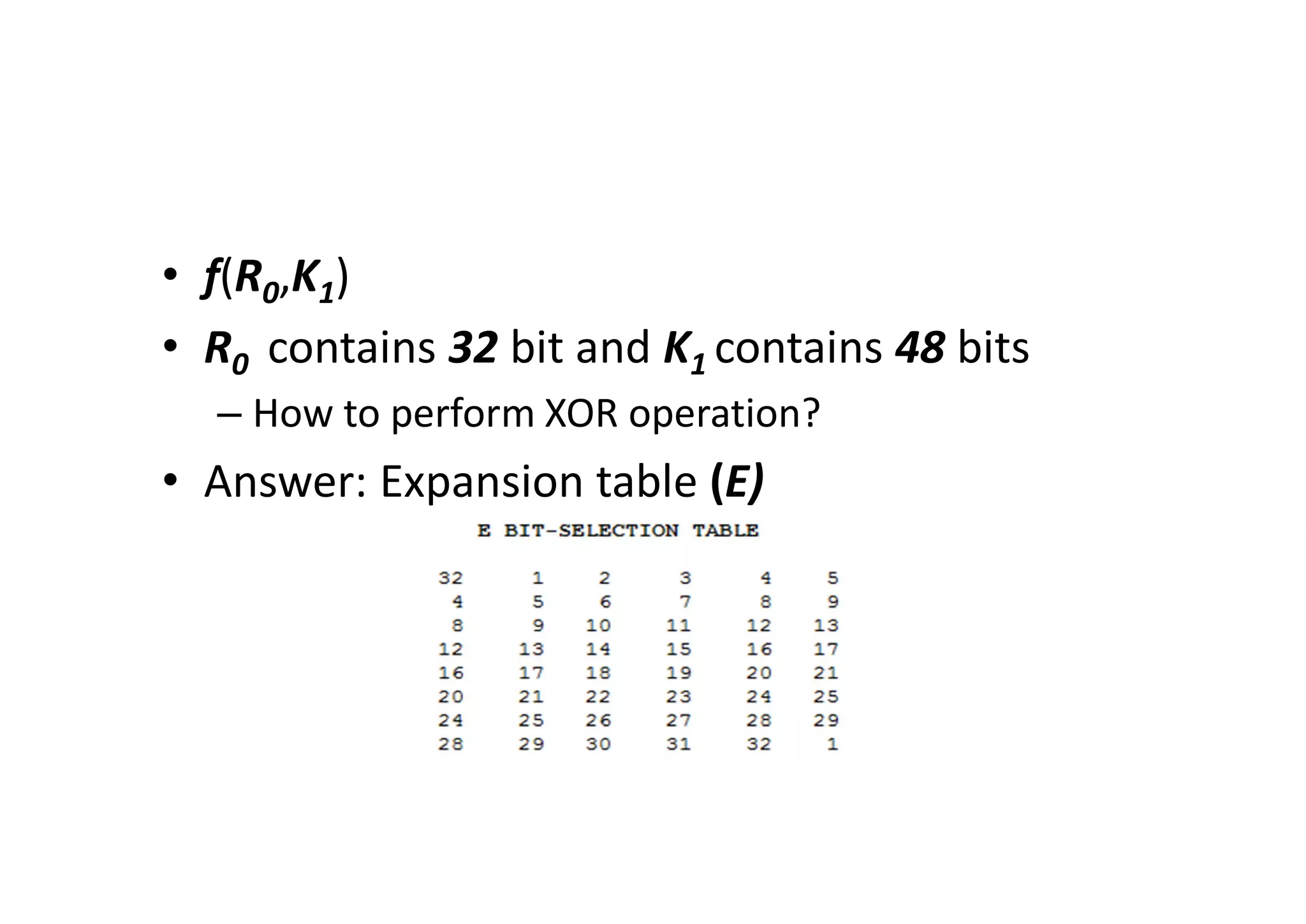 • f(R0,K1)
• R0 contains 32 bit and K1 contains 48 bits
– How to perform XOR operation?
• Answer: Expansion table (E)
 