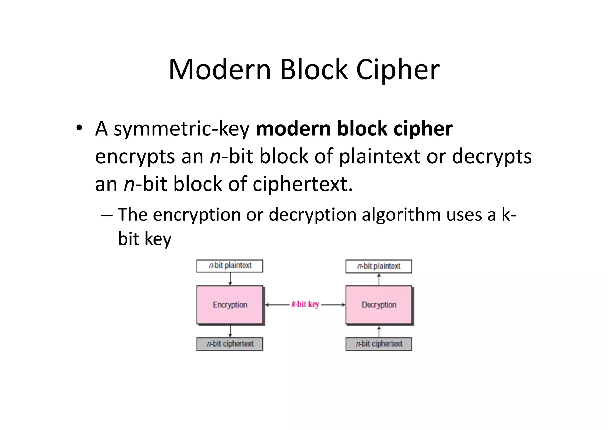 Modern Block Cipher
• A symmetric-key modern block cipher
encrypts an n-bit block of plaintext or decrypts
an n-bit block of ciphertext.
– The encryption or decryption algorithm uses a k-
bit key
 