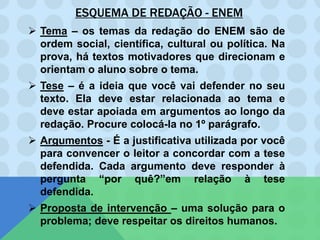 ESQUEMA DE REDAÇÃO - ENEM
 Tema – os temas da redação do ENEM são de
ordem social, científica, cultural ou política. Na
prova, há textos motivadores que direcionam e
orientam o aluno sobre o tema.
 Tese – é a ideia que você vai defender no seu
texto. Ela deve estar relacionada ao tema e
deve estar apoiada em argumentos ao longo da
redação. Procure colocá-la no 1º parágrafo.
 Argumentos - É a justificativa utilizada por você
para convencer o leitor a concordar com a tese
defendida. Cada argumento deve responder à
pergunta “por quê?”em relação à tese
defendida.
 Proposta de intervenção – uma solução para o
problema; deve respeitar os direitos humanos.
 