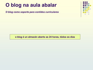 O blog na aula abalar
O blog como soporte para contidos curriculares
o blog é un almacén aberto as 24 horas, tódos os días
 
