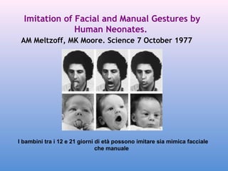 Imitation of Facial and Manual Gestures by
Human Neonates.
AM Meltzoff, MK Moore. Science 7 October 1977 

I bambini tra i 12 e 21 giorni di età possono imitare sia mimica facciale
che manuale

 