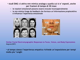 • studi EMG: si attiva mm mimica analoga a quella cui si e’ esposti, anche
per frazioni di tempo di 30 msec
– le reazioni emozionali possono essere evocate inconsapevolmente
– la mm mimica funge da feedback che fornisce un’informazione propiocettiva
e influenza l’esperienza emozionale

Similar Facial Electromyographic Responses to Faces, Voices, and Body Expressions
Magnee(2007)

• al tempo stesso l’esperienza empatica richiede un’esposizione per tempi
molto piu’ lunghi

 