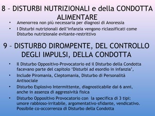 8 – DISTURBI NUTRIZIONALI e della CONDOTTA
ALIMENTARE
•
•

Amenorrea non più necessaria per diagnosi di Anoressia
I Disturbi nutrizionali dell’infanzia vengono riclassificati come
Disturbo nutrizionale evitante-restrittivo

9 – DISTURBO DIROMPENTE, DEL CONTROLLO
DEGLI IMPULSI, DELLA CONDOTTA
•
•
•
•

Il Disturbo Oppositivo-Provocatorio ed il Disturbo della Condotta
facevano parte del capitolo ‘Disturbi ad esordio in infanzia’,
Include Piromania, Cleptomania, Disturbo di Personalità
Antisociale
Disturbo Esplosivo Intermittente, diagnosticabile dai 6 anni,
anche in assenza di aggressività fisica
Disturbo Oppositivo Provocatorio con la specifica di 3 tipi:
umore rabbioso-irritabile, argomentativo-sfidante, vendicativo.
Possibile co-occorrenza di Disturbo della Condotta

 