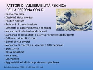FATTORI DI VULNERABILITÀ PSICHICA
DELLA PERSONA CON DI
•Danno cerebrale
•Disabilità fisica cronica
•Perdite ripetute
•Problemi di comunicazione
•Difficoltà di apprendimento e di coping
•Mancanza di relazioni soddisfacenti
•Mancanza di occupazioni e attività ricreative soddisfacenti
•Fallimenti ripetuti e rifiuti
•Eventi di vita avversi
•Mancanza di controllo su vicende e fatti personali
•Iperattività
•Bassa autostima
•Isolamento
•Dipendenza
•Aggressività ed altri comportamenti problema
Da M. Bertelli relazione STRESS e DI – ASIR Massa 2011 – mod.

 