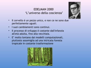 EDELMAN 2000
‘L’universo della coscienza’
•
•
•
•

Il cervello è un pezzo unico, e non ce ne sono due
perfettamente uguali.
I suoi cambiamenti sono continui.
Il processo di sviluppo è costante dall'infanzia
all'età adulta, fino alla vecchiaia.
E’ molto lontano dai modelli computazionali,
piuttosto assomiglia ad una intricata foresta
tropicale in costante trasformazione

 