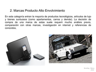 En esta categoría entran la mayoría de productos tecnológicos, artículos de lujo y bienes suntuosos (como apartamentos, carros y demás). La decisión de compra de una marca de estas suele requerir mucho análisis previo, comparación con otras marcas, investigación en internet y referencias de conocidos, 2. Marcas Producto Alto Envolvimiento  Branding - Marca - 2010  