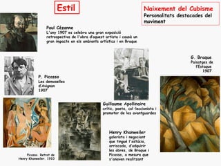 Estil                                         Naixement del Cubisme
                                                                        Personalitats destacades del
                                                                        moviment
                 Paul Cézanne
                 L'any 1907 es celebra una gran exposició
                 retrospectiva de l'obra d’aquest artista i causà un
                 gran impacte en els ambients artístics i en Braque



                                                                                           G. Braque
                                                                                           Paisatges de
                                                                                              l’Estaque
                                                                                                  1907
            P. Picasso
            Les demoselles
            d’Avignon
            1907


                                                Guillaume Apollinaire
                                                crític, poeta, col·leccionista i
                                                promotor de les avantguardes




                                                    Henry Khanweiler
                                                    galerista i negociant
                                                    que tingué l'astúcia,
                                                    arriscada, d’adquirir
                                                    les obres, de Braque i
     Picasso. Retrat de                             Picasso, a mesura que
Henry Khanweiler. 1910                              s'anaven realitzant
 