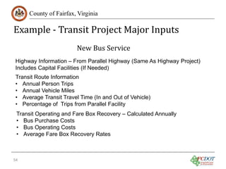 Example - Transit Project Major Inputs
County of Fairfax, Virginia

New Bus Service

Highway Information – From Parallel Highway (Same As Highway Project)
Includes Capital Facilities (If Needed)
Transit Route Information
• Annual Person Trips
• Annual Vehicle Miles
• Average Transit Travel Time (In and Out of Vehicle)
• Percentage of Trips from Parallel Facility
Transit Operating and Fare Box Recovery – Calculated Annually
• Bus Purchase Costs
• Bus Operating Costs
• Average Fare Box Recovery Rates

54

 