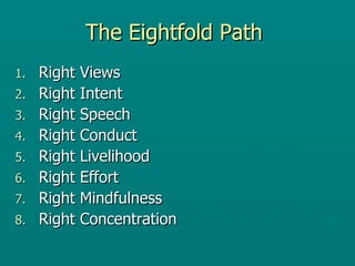 The Eightfold Path  Right Views  Right Intent  Right Speech  Right Conduct  Right Livelihood Right Effort  Right Mindfulness  Right Concentration  