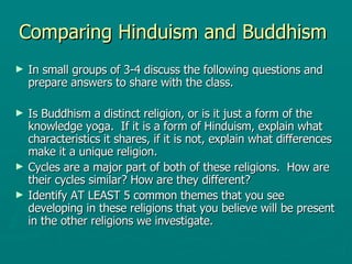 Comparing Hinduism and Buddhism  In small groups of 3-4 discuss the following questions and prepare answers to share with the class. Is Buddhism a distinct religion, or is it just a form of the knowledge yoga.  If it is a form of Hinduism, explain what characteristics it shares, if it is not, explain what differences make it a unique religion.  Cycles are a major part of both of these religions.  How are their cycles similar? How are they different? Identify AT LEAST 5 common themes that you see developing in these religions that you believe will be present in the other religions we investigate.  