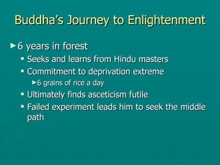 Buddha’s Journey to Enlightenment 6 years in forest  Seeks and learns from Hindu masters  Commitment to deprivation extreme 6 grains of rice a day  Ultimately finds asceticism futile Failed experiment leads him to seek the middle path  