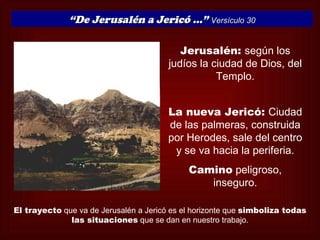 “De Jerusalén a Jericó …” Versículo 30

                                           Jerusalén: según los
                                        judíos la ciudad de Dios, del
                                                   Templo.


                                        La nueva Jericó: Ciudad
                                        de las palmeras, construida
                                        por Herodes, sale del centro
                                         y se va hacia la periferia.
                                             Camino peligroso,
                                                inseguro.

El trayecto que va de Jerusalén a Jericó es el horizonte que simboliza todas
              las situaciones que se dan en nuestro trabajo.
 