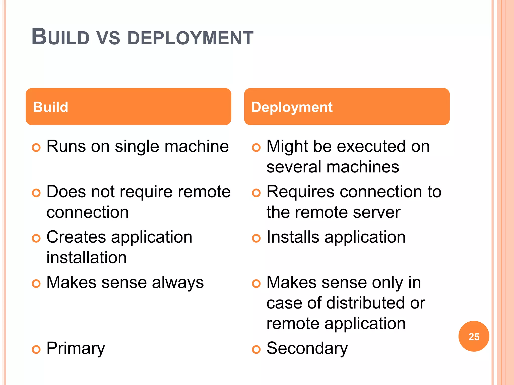 BUILD VS DEPLOYMENT

Build                        Deployment

   Runs on single machine    Might be executed on
                               several machines
 Does not require remote     Requires connection to
  connection                   the remote server
 Creates application         Installs application
  installation
 Makes sense always          Makes sense only in
                               case of distributed or
                               remote application
                                                        25
   Primary                   Secondary
 
