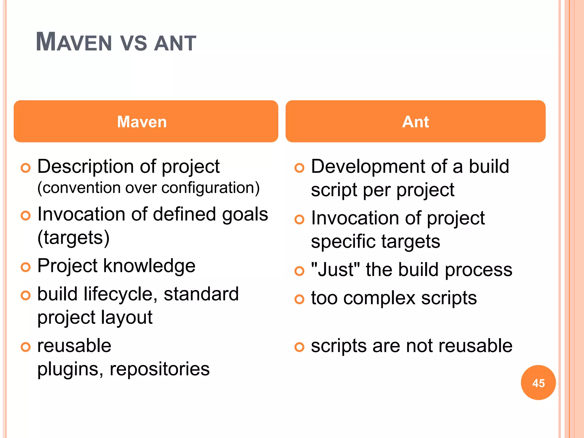 MAVEN VS ANT

               Maven                                Ant

   Description of project             Development of a build
    (convention over configuration)     script per project
 Invocation of defined goals          Invocation of project
  (targets)                             specific targets
 Project knowledge                    "Just" the build process
 build lifecycle, standard            too complex scripts
  project layout
 reusable                               scripts are not reusable
  plugins, repositories
                                                                     45
 