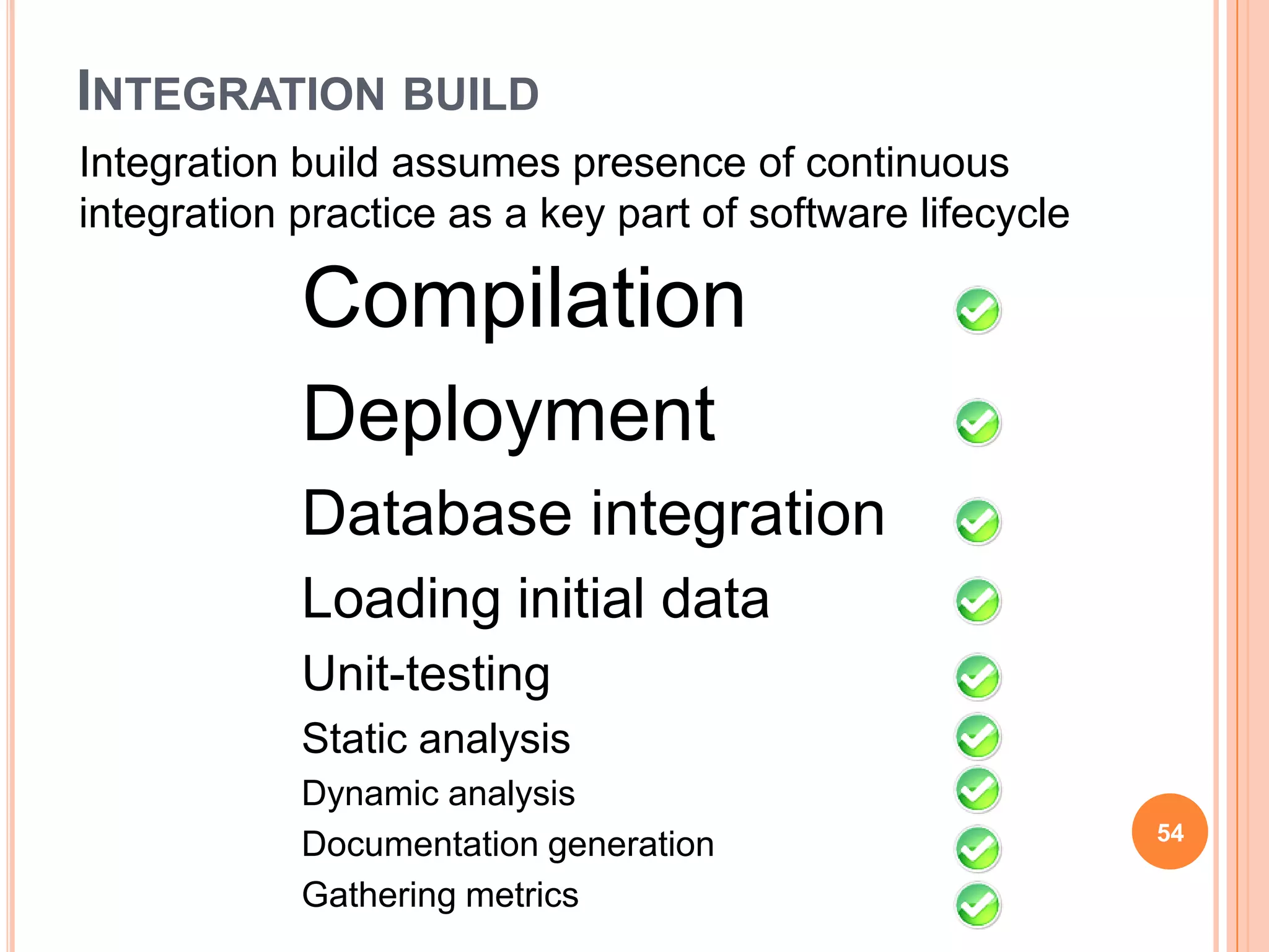 INTEGRATION BUILD
Integration build assumes presence of continuous
integration practice as a key part of software lifecycle

            Compilation
            Deployment
            Database integration
            Loading initial data
            Unit-testing
            Static analysis
            Dynamic analysis
                                                           54
            Documentation generation
            Gathering metrics
 