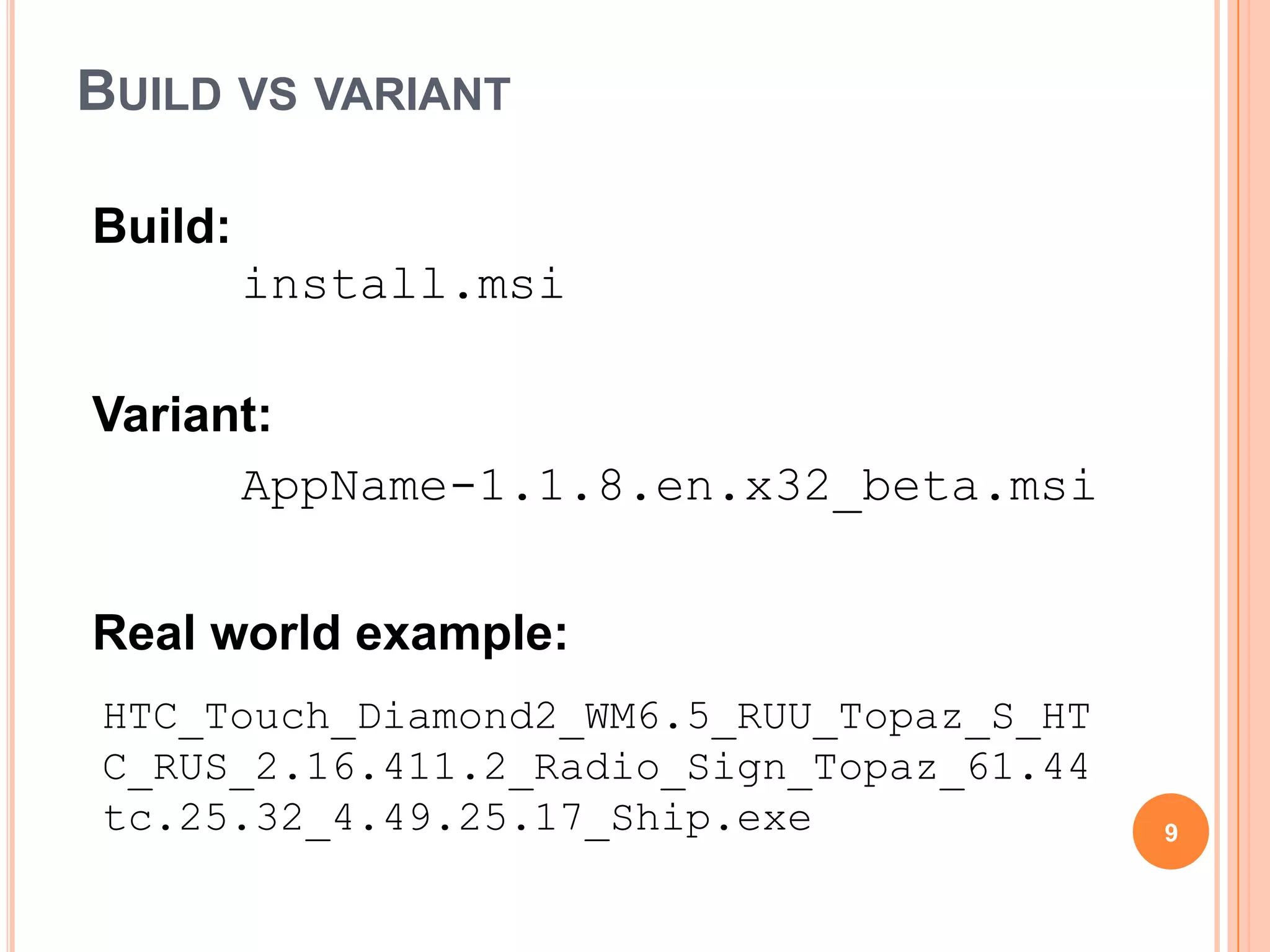 BUILD VS VARIANT

Build:
         install.msi

Variant:
      AppName-1.1.8.en.x32_beta.msi


Real world example:
HTC_Touch_Diamond2_WM6.5_RUU_Topaz_S_HT
C_RUS_2.16.411.2_Radio_Sign_Topaz_61.44
tc.25.32_4.49.25.17_Ship.exe              9
 