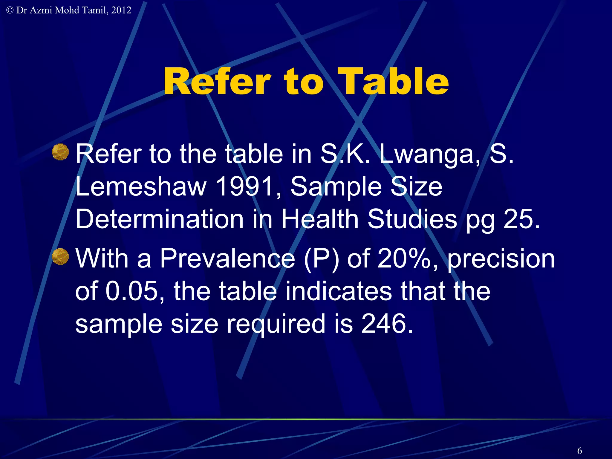 © Dr Azmi Mohd Tamil, 2012




                             Refer to Table
              Refer to the table in S.K. Lwanga, S.
              Lemeshaw 1991, Sample Size
              Determination in Health Studies pg 25.
              With a Prevalence (P) of 20%, precision
              of 0.05, the table indicates that the
              sample size required is 246.



                                                        6
 