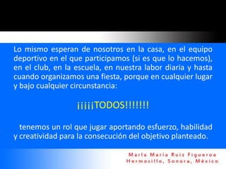 Lo mismo esperan de nosotros en la casa, en el equipo
deportivo en el que participamos (si es que lo hacemos),
en el club, en la escuela, en nuestra labor diaria y hasta
cuando organizamos una fiesta, porque en cualquier lugar
y bajo cualquier circunstancia:

                  ¡¡¡¡¡TODOS!!!!!!!
  tenemos un rol que jugar aportando esfuerzo, habilidad
y creatividad para la consecución del objetivo planteado.
 