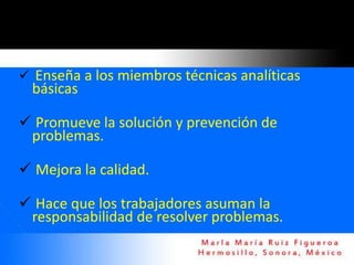  Enseña a los miembros técnicas analíticas
  básicas

 Promueve la solución y prevención de
 problemas.

 Mejora la calidad.

 Hace que los trabajadores asuman la
 responsabilidad de resolver problemas.
 