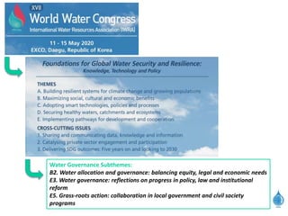 Water Governance Subthemes:
B2. Water allocation and governance: balancing equity, legal and economic needs
E3. Water governance: reflections on progress in policy, law and institutional
reform
E5. Grass-roots action: collaboration in local government and civil society
programs
 