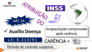 ART. 59
L E I 8 . 2 1 3 / 9 1
Incapacitação comprovada
após carência
Período de contrato suspenso
 