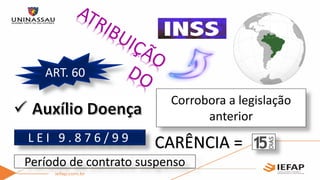 ART. 60
L E I 9 . 8 7 6 / 9 9
Corrobora a legislação
anterior
Período de contrato suspenso
 