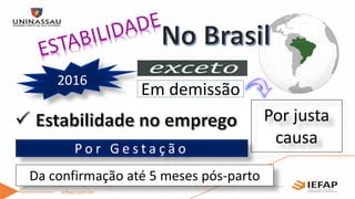 2016
Da confirmação até 5 meses pós-parto
P o r G e s t a ç ã o
Por justa
causa
Em demissão
 