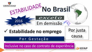 2016
Inclusive no caso de contrato de experiência
P o r G e s t a ç ã o
Por justa
causa
Em demissão
 