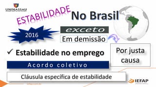 2016
Cláusula específica de estabilidade
A c o r d o c o l e t i v o
Por justa
causa
Em demissão
 