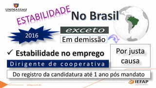 2016
D i r i g e n t e d e c o o p e r a t i v a
Por justa
causa
Em demissão
Do registro da candidatura até 1 ano pós mandato
 