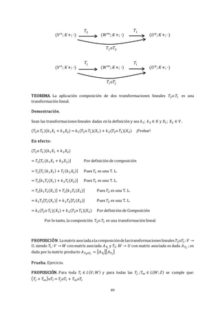 89
TEOREMA. La aplicación composición de dos transformaciones lineales 𝑇2o 𝑇1 es una
transformación lineal.
Demostración.
Sean las transformaciones lineales dadas en la definición y sea 𝑘1; 𝑘2 ∈ 𝐾 y 𝑋1; 𝑋2 ∈ 𝑉.
(𝑇2o 𝑇1)(𝑘1𝑋1 + 𝑘2𝑋2) = 𝑘1(𝑇2o 𝑇1)(𝑋1 ) + 𝑘2(𝑇2o 𝑇1)(𝑋2) ¡Probar!
En efecto:
(𝑇2o 𝑇1)(𝑘1𝑋1 + 𝑘2𝑋2)
= 𝑇2[𝑇1(𝑘1𝑋1 + 𝑘2𝑋2)] Por definición de composición
= 𝑇2[𝑇1(𝑘1𝑋1) + 𝑇1(𝑘2𝑋2)] Pues 𝑇1 es una T. L.
= 𝑇2[𝑘1𝑇1(𝑋1) + 𝑘2𝑇1(𝑋2)] Pues 𝑇1 es una T. L.
= 𝑇2[𝑘1𝑇1(𝑋1)] + 𝑇2[𝑘2𝑇1(𝑋2)] Pues 𝑇2 es una T. L.
= 𝑘1𝑇2[𝑇1(𝑋1)] + 𝑘2𝑇2[𝑇1(𝑋2)] Pues 𝑇2 es una T. L.
= 𝑘1(𝑇2o 𝑇1)(𝑋1) + 𝑘2(𝑇2o 𝑇1)(𝑋2) Por definición de Composición
Por lo tanto, la composición 𝑇2o 𝑇1 es una transformación lineal.
PROPOSICIÓN.Lamatrizasociadaalacomposicióndelastransformacioneslineales𝑇2o𝑇1:𝑉 →
𝑈, siendo 𝑇1:𝑉 → 𝑊 con matriz asociada 𝐴𝑇
1
y 𝑇2:𝑊 → 𝑈 con matriz asociada es dada 𝐴𝑇2
; es
dada por la matriz producto 𝐴𝑇2𝑜𝑇1
= [𝐴𝑇
2
][𝐴𝑇1
]
Prueba. Ejercicio.
PROPOSICIÓN. Para toda 𝑇𝑖 ∈ 𝐿(𝑉; 𝑊) y para todas las 𝑇𝑗 ;𝑇𝑚 ∈ 𝐿(𝑊;𝑍) se cumple que:
𝑇𝑗 + 𝑇𝑚 𝑜𝑇𝑖 = 𝑇𝑗𝑜𝑇𝑖 + 𝑇𝑚𝑜𝑇𝑖
(𝑉𝑛
; 𝐾+; ∙) (𝑊𝑚
; 𝐾+; ∙) (𝑈𝑝
;𝐾+; ∙)
𝑇1𝑜𝑇2
𝑇2 𝑇1
(𝑉𝑛
; 𝐾+; ∙) (𝑊𝑚
; 𝐾+; ∙) (𝑈𝑝
;𝐾+; ∙)
𝑇𝑖𝑜𝑇𝑗
𝑇𝑗 𝑇𝑖
 