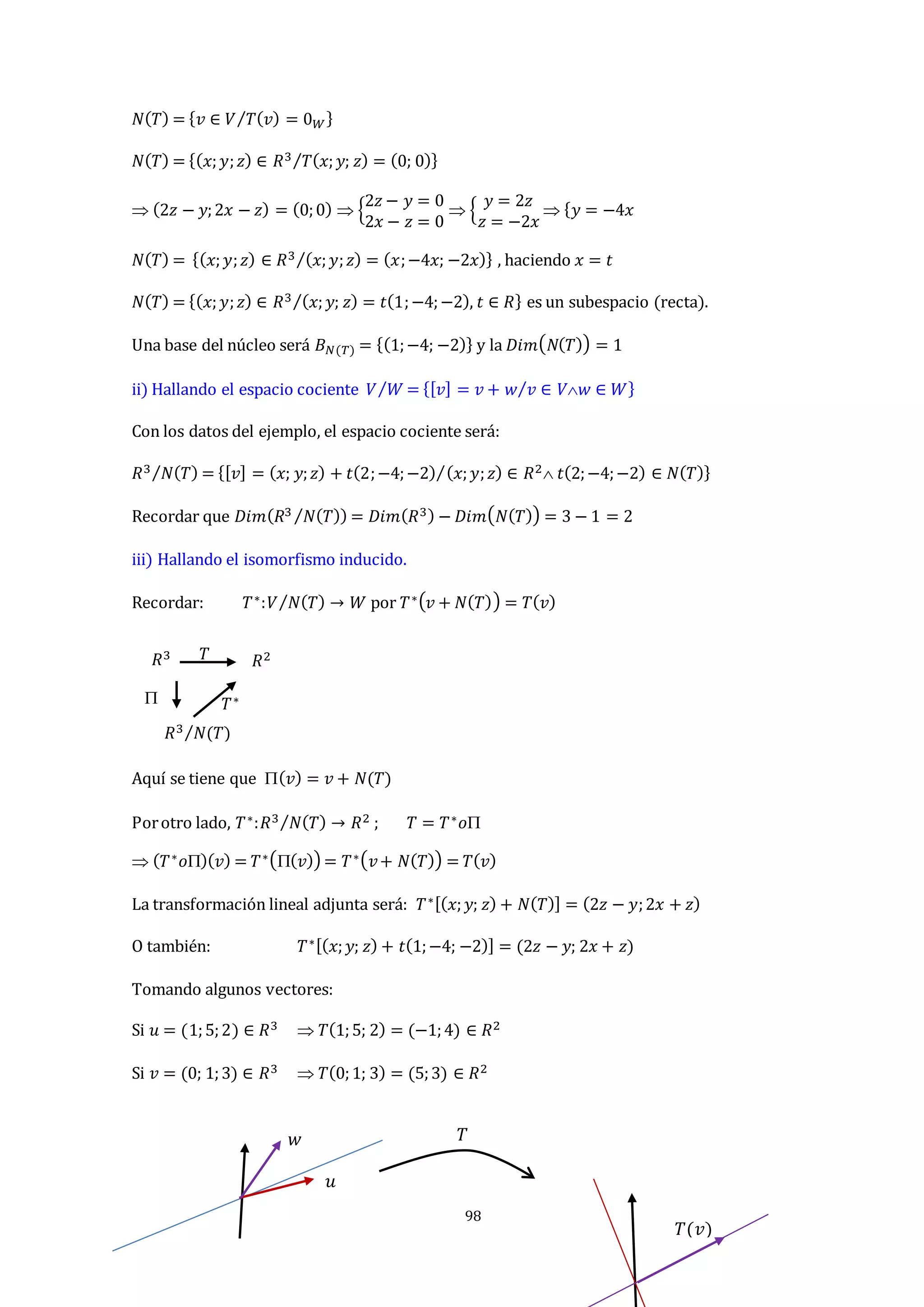 98
𝑁(𝑇) = {𝑣 ∈ 𝑉 𝑇(𝑣) = 0𝑊
⁄ }
𝑁(𝑇) = {(𝑥;𝑦;𝑧) ∈ 𝑅3 𝑇(𝑥;𝑦; 𝑧) = (0; 0)
⁄ }
 (2𝑧 − 𝑦;2𝑥 − 𝑧) = (0;0)  {
2𝑧 − 𝑦 = 0
2𝑥 − 𝑧 = 0
 {
𝑦 = 2𝑧
𝑧 = −2𝑥
 {𝑦 = −4𝑥
𝑁(𝑇) = {(𝑥;𝑦;𝑧) ∈ 𝑅3 (𝑥;𝑦;𝑧) = (𝑥;−4𝑥; −2𝑥)
⁄ } , haciendo 𝑥 = 𝑡
𝑁(𝑇) = {(𝑥;𝑦;𝑧) ∈ 𝑅3 (𝑥;𝑦; 𝑧) = 𝑡(1;−4;−2), 𝑡 ∈ 𝑅
⁄ } es un subespacio (recta).
Una base del núcleo será 𝐵𝑁(𝑇) = {(1;−4; −2)} y la 𝐷𝑖𝑚(𝑁(𝑇)) = 1
ii) Hallando el espacio cociente 𝑉 𝑊
⁄ = {[𝑣] = 𝑣 + 𝑤 𝑣 ∈ 𝑉𝑤 ∈ 𝑊
⁄ }
Con los datos del ejemplo, el espacio cociente será:
𝑅3 𝑁(𝑇)
⁄ = {[𝑣] = (𝑥; 𝑦;𝑧) + 𝑡(2;−4;−2) (𝑥;𝑦;𝑧) ∈ 𝑅2 𝑡(2;−4;−2) ∈ 𝑁(𝑇)
⁄ }
Recordar que 𝐷𝑖𝑚(𝑅3 𝑁(𝑇)
⁄ ) = 𝐷𝑖𝑚(𝑅3) − 𝐷𝑖𝑚(𝑁(𝑇)) = 3 − 1 = 2
iii) Hallando el isomorfismo inducido.
Recordar: 𝑇∗:𝑉 𝑁(𝑇)
⁄ → 𝑊 por 𝑇∗(𝑣 + 𝑁(𝑇)) = 𝑇(𝑣)
Aquí se tiene que (𝑣) = 𝑣 + 𝑁(𝑇)
Porotro lado, 𝑇∗:𝑅3 𝑁(𝑇)
⁄ → 𝑅2 ; 𝑇 = 𝑇∗𝑜
 (𝑇∗𝑜)(𝑣) = 𝑇∗((𝑣)) = 𝑇∗(𝑣+ 𝑁(𝑇)) = 𝑇(𝑣)
La transformación lineal adjunta será: 𝑇∗[(𝑥;𝑦; 𝑧) + 𝑁(𝑇)] = (2𝑧 − 𝑦;2𝑥 + 𝑧)
O también: 𝑇∗[(𝑥;𝑦; 𝑧) + 𝑡(1;−4; −2)] = (2𝑧 − 𝑦; 2𝑥 + 𝑧)
Tomando algunos vectores:
Si 𝑢 = (1;5;2) ∈ 𝑅3  𝑇(1;5; 2) = (−1;4) ∈ 𝑅2
Si 𝑣 = (0; 1;3) ∈ 𝑅3  𝑇(0;1; 3) = (5;3) ∈ 𝑅2
𝑇∗
𝑅3
𝑅2
𝑅3 𝑁(𝑇)
⁄
𝑇

𝑇(𝑣)
𝑇
𝑤
𝑢
 