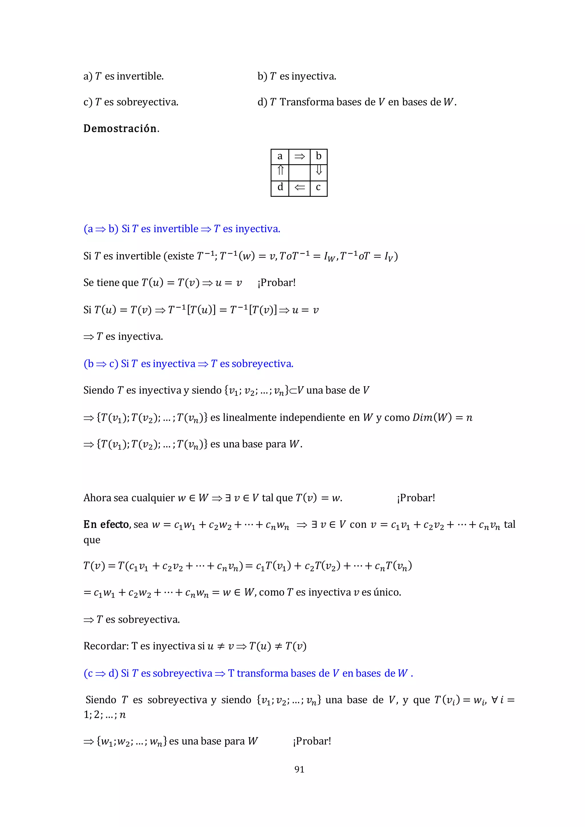 91
a) 𝑇 es invertible. b) 𝑇 es inyectiva.
c) 𝑇 es sobreyectiva. d) 𝑇 Transforma bases de 𝑉 en bases de 𝑊.
Demostración.
a  b
 
d  c
(a  b) Si 𝑇 es invertible  𝑇 es inyectiva.
Si 𝑇 es invertible (existe 𝑇−1; 𝑇−1(𝑤) = 𝑣, 𝑇𝑜𝑇−1 = 𝐼𝑊,𝑇−1𝑜𝑇 = 𝐼𝑉)
Se tiene que 𝑇(𝑢) = 𝑇(𝑣)  𝑢 = 𝑣 ¡Probar!
Si 𝑇(𝑢) = 𝑇(𝑣)  𝑇−1[𝑇(𝑢)] = 𝑇−1[𝑇(𝑣)] 𝑢 = 𝑣
 𝑇 es inyectiva.
(b  c) Si 𝑇 es inyectiva  𝑇 es sobreyectiva.
Siendo 𝑇 es inyectiva y siendo {𝑣1; 𝑣2;…;𝑣𝑛}𝑉 una base de 𝑉
 {𝑇(𝑣1);𝑇(𝑣2);… ;𝑇(𝑣𝑛)} es linealmente independiente en 𝑊 y como 𝐷𝑖𝑚(𝑊) = 𝑛
 {𝑇(𝑣1);𝑇(𝑣2);… ;𝑇(𝑣𝑛)} es una base para 𝑊.
Ahora sea cualquier 𝑤 ∈ 𝑊  ∃ 𝑣 ∈ 𝑉 tal que 𝑇(𝑣) = 𝑤. ¡Probar!
En efecto, sea 𝑤 = 𝑐1𝑤1 + 𝑐2𝑤2 + ⋯+ 𝑐𝑛𝑤𝑛  ∃ 𝑣 ∈ 𝑉 con 𝑣 = 𝑐1𝑣1 + 𝑐2𝑣2 + ⋯+ 𝑐𝑛𝑣𝑛 tal
que
𝑇(𝑣) = 𝑇(𝑐1𝑣1 + 𝑐2𝑣2 + ⋯+ 𝑐𝑛𝑣𝑛)= 𝑐1𝑇(𝑣1) + 𝑐2𝑇(𝑣2) + ⋯+ 𝑐𝑛𝑇(𝑣𝑛)
= 𝑐1𝑤1 + 𝑐2𝑤2 + ⋯+ 𝑐𝑛𝑤𝑛 = 𝑤 ∈ 𝑊, como 𝑇 es inyectiva 𝑣 es único.
 𝑇 es sobreyectiva.
Recordar: T es inyectiva si 𝑢 ≠ 𝑣  𝑇(𝑢) ≠ 𝑇(𝑣)
(c  d) Si 𝑇 es sobreyectiva  T transforma bases de 𝑉 en bases de 𝑊 .
Siendo 𝑇 es sobreyectiva y siendo {𝑣1;𝑣2;…; 𝑣𝑛} una base de 𝑉, y que 𝑇(𝑣𝑖) = 𝑤𝑖, ∀ 𝑖 =
1;2;…; 𝑛
 {𝑤1;𝑤2;…; 𝑤𝑛}es una base para 𝑊 ¡Probar!
 