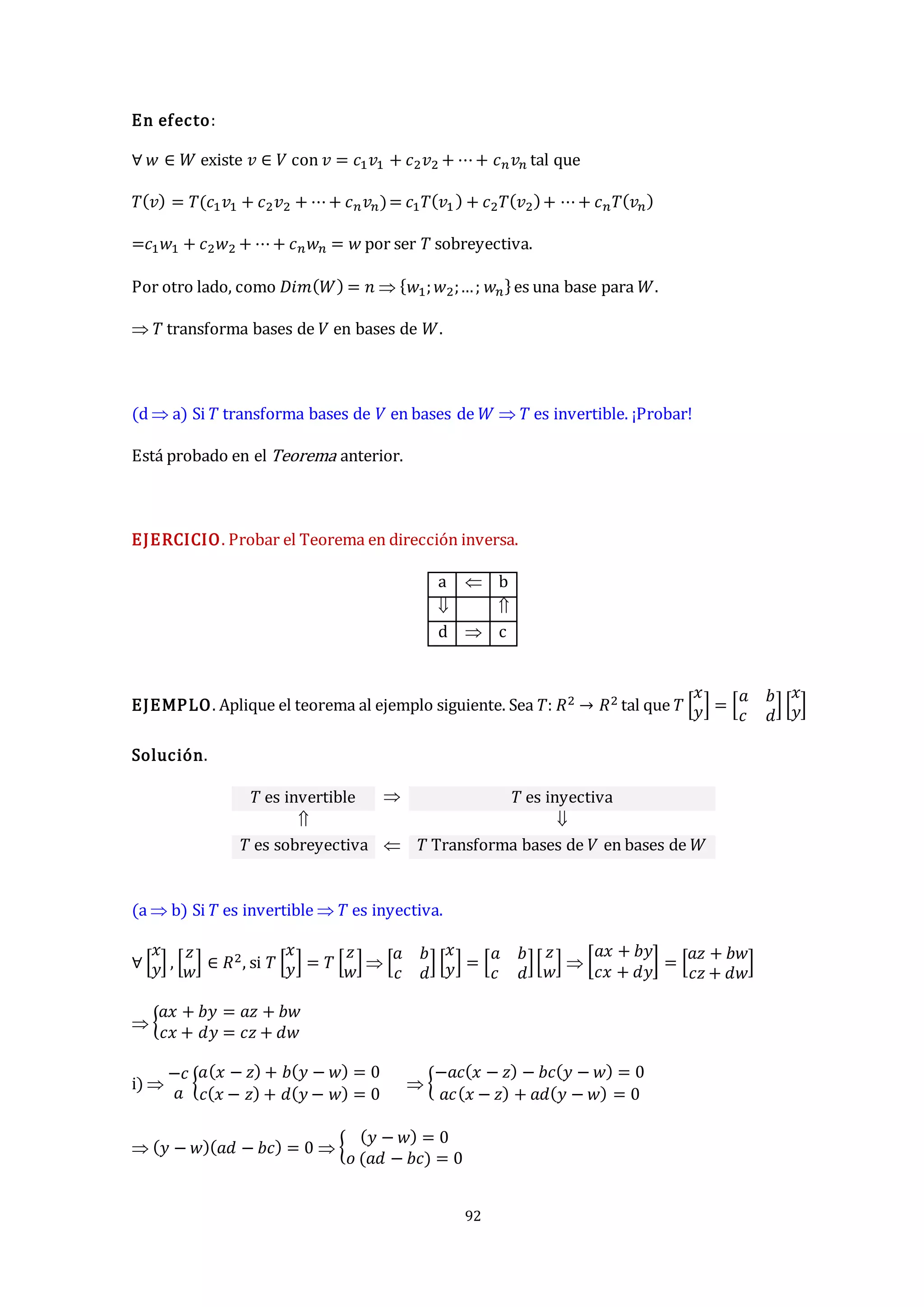 92
En efecto:
∀ 𝑤 ∈ 𝑊 existe 𝑣 ∈ 𝑉 con 𝑣 = 𝑐1𝑣1 + 𝑐2𝑣2 + ⋯+ 𝑐𝑛𝑣𝑛 tal que
𝑇(𝑣) = 𝑇(𝑐1𝑣1 + 𝑐2𝑣2 + ⋯+ 𝑐𝑛𝑣𝑛)= 𝑐1𝑇(𝑣1) + 𝑐2𝑇(𝑣2)+ ⋯+ 𝑐𝑛𝑇(𝑣𝑛)
=𝑐1𝑤1 + 𝑐2𝑤2 + ⋯+ 𝑐𝑛𝑤𝑛 = 𝑤 por ser 𝑇 sobreyectiva.
Por otro lado, como 𝐷𝑖𝑚(𝑊) = 𝑛  {𝑤1;𝑤2;…; 𝑤𝑛}es una base para 𝑊.
 𝑇 transforma bases de 𝑉 en bases de 𝑊.
(d  a) Si 𝑇 transforma bases de 𝑉 en bases de 𝑊  𝑇 es invertible. ¡Probar!
Está probado en el Teorema anterior.
EJERCICIO. Probar el Teorema en dirección inversa.
a  b
 
d  c
EJEMPLO. Aplique el teorema al ejemplo siguiente. Sea 𝑇: 𝑅2 → 𝑅2 tal que 𝑇 [
𝑥
𝑦] = [
𝑎 𝑏
𝑐 𝑑
] [
𝑥
𝑦]
Solución.
𝑇 es invertible  𝑇 es inyectiva
 
𝑇 es sobreyectiva  𝑇 Transforma bases de 𝑉 en bases de 𝑊
(a  b) Si 𝑇 es invertible  𝑇 es inyectiva.
∀ [
𝑥
𝑦] , [
𝑧
𝑤
] ∈ 𝑅2, si 𝑇 [
𝑥
𝑦] = 𝑇 [
𝑧
𝑤
]  [
𝑎 𝑏
𝑐 𝑑
] [
𝑥
𝑦] = [
𝑎 𝑏
𝑐 𝑑
][
𝑧
𝑤
]  [
𝑎𝑥 + 𝑏𝑦
𝑐𝑥 + 𝑑𝑦
] = [
𝑎𝑧 + 𝑏𝑤
𝑐𝑧 + 𝑑𝑤
]
 {
𝑎𝑥 + 𝑏𝑦 = 𝑎𝑧 + 𝑏𝑤
𝑐𝑥 + 𝑑𝑦 = 𝑐𝑧 + 𝑑𝑤
i) 
−𝑐
𝑎
{
𝑎(𝑥 − 𝑧) + 𝑏(𝑦 − 𝑤) = 0
𝑐(𝑥 − 𝑧) + 𝑑(𝑦 − 𝑤) = 0
 {
−𝑎𝑐(𝑥 − 𝑧) − 𝑏𝑐(𝑦 − 𝑤) = 0
𝑎𝑐(𝑥 − 𝑧) + 𝑎𝑑(𝑦 − 𝑤) = 0
 (𝑦 − 𝑤)(𝑎𝑑 − 𝑏𝑐) = 0  {
(𝑦 − 𝑤) = 0
𝑜 (𝑎𝑑 − 𝑏𝑐) = 0
 