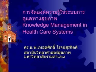 ดร . น . พ . เทอดศักดิ์ โรจน์สุรกิตติ สถาบันวิทยาศาสตร์สุขภาพ  มหาวิทยาลัยรามคำแหง การจัดองค์ความรู้ในระบบการดูแลทางสุขภาพ   Knowledge Management in Health Care Systems   