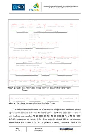 Relatório Ambiental Simplificado do Corredor Transcarioca
                                                          3 - Caracterização do Empreendimento




                                       *


                                                        *




                                                            *

                     *




Figura 3.2-7: Seções transversais tipo do subtrecho da Estrada Coronel Pedro
                 Corrêa.




 Figura 3.2-8: Seção transversal da estação Pedro Corrêa.


     O subtrecho tem pouco mais de 1.700 m e ao longo de sua extensão haverá
 apenas uma estação, denominada Pedro Corrêa, conforme pode ser observado
 em detalhes nas pranchas T5-23-0007-DE-R0, T5-23-0008-DE-R0 e T5-23-0009-
 DE-R0, constantes no Anexo 3.2-2. Esta estação distará 879 m da anterior,
 denominada Autódromo, e 891 m da próxima à frente, chamada Curicica. As


         Pág.                    Revisão 00
        26/ 130                 Junho de 2010
 