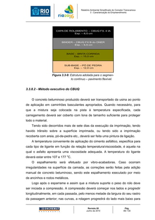 Relatório Ambiental Simplificado do Corredor Transcarioca
                                                   3 - Caracterização do Empreendimento




                     CAPA DE ROLAMENTO – CBUQ FX. 4 IA
                                Esp. – 6,0 cm



                          BINDER – CBUQ FX B do DNER
                                  Esp. – 6,5 cm



                             BASE – BRITA CORRIDA
                                 Esp. – 15,0 cm



                            SUB-BASE – PÓ DE PEDRA
                                  Esp. – 12,0 cm


                   Figura 3.3-9: Estrutura adotada para o segmen-
                                 to contínuo – pavimento flexível.


3.3.8.2 - Método executivo do CBUQ


    O concreto betuminoso produzido deverá ser transportado da usina ao ponto
de aplicação em caminhões basculantes apropriados. Quando necessário, para
que a mistura seja colocada na pista à temperatura especificada, cada
carregamento deverá ser coberto com lona de tamanho suficiente para proteger
todo o material.
    Tendo sido decorridos mais de sete dias da execução da imprimação, tendo
havido trânsito sobre a superfície imprimada, ou tendo sido a imprimação
recoberta com areia, pó-de-pedra etc., deverá ser feita uma pintura de ligação.
    A temperatura conveniente de aplicação do cimento asfáltico, especifica para
cada tipo de ligante em função da relação temperatura/viscosidade, é aquela na
qual o asfalto apresenta uma viscosidade adequada. A temperatura do ligante
deverá estar entre 107 e 177 oC.
    O espalhamento será efetuado por vibro-acabadoras. Caso ocorram
irregularidades na superfície da camada, as correções serão feitas pela adição
manual de concreto betuminoso, sendo este espalhamento executado por meio
de ancinhos e rodos metálicos.
    Logo após o esparrame e assim que a mistura suporte o peso do rolo deve
ser iniciada a compressão. A compressão deverá começar nos lados e progredir
longitudinalmente, em cada passada, pelo menos metade da largura do seu rastro
da passagem anterior; nas curvas, a rolagem progredirá do lado mais baixo para

                                               Revisão 00                             Pág.
                                              Junho de 2010                          85/ 130
 