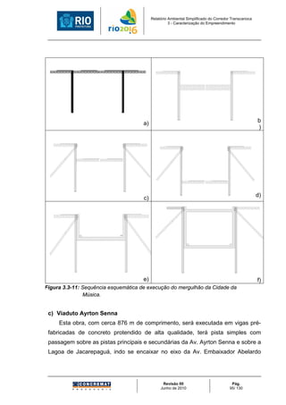 Relatório Ambiental Simplificado do Corredor Transcarioca
                                                     3 - Caracterização do Empreendimento




                                      a)                                                               b
                                                                                                       )




                                                                                                       d)
                                      c)




                                      e)                                                               f)
Figura 3.3-11: Sequência esquemática de execução do mergulhão da Cidade da
               Música.


 c) Viaduto Ayrton Senna
     Esta obra, com cerca 876 m de comprimento, será executada em vigas pré-
 fabricadas de concreto protendido de alta qualidade, terá pista simples com
 passagem sobre as pistas principais e secundárias da Av. Ayrton Senna e sobre a
 Lagoa de Jacarepaguá, indo se encaixar no eixo da Av. Embaixador Abelardo




                                                 Revisão 00                             Pág.
                                                Junho de 2010                          95/ 130
 