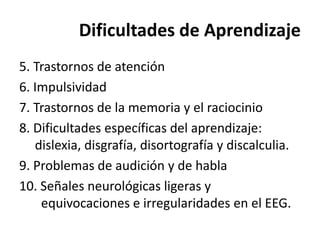 Dificultades de Aprendizaje
5. Trastornos de atención
6. Impulsividad
7. Trastornos de la memoria y el raciocinio
8. Dificultades específicas del aprendizaje:
dislexia, disgrafía, disortografía y discalculia.
9. Problemas de audición y de habla
10. Señales neurológicas ligeras y
equivocaciones e irregularidades en el EEG.
 