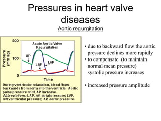 Pressures in heart valve
diseases
Aortic regurgitation
• due to backward flow the aortic
pressure declines more rapidly
• to compensate (to maintain
normal mean pressure)
systolic pressure increases
• increased pressure amplitude
 