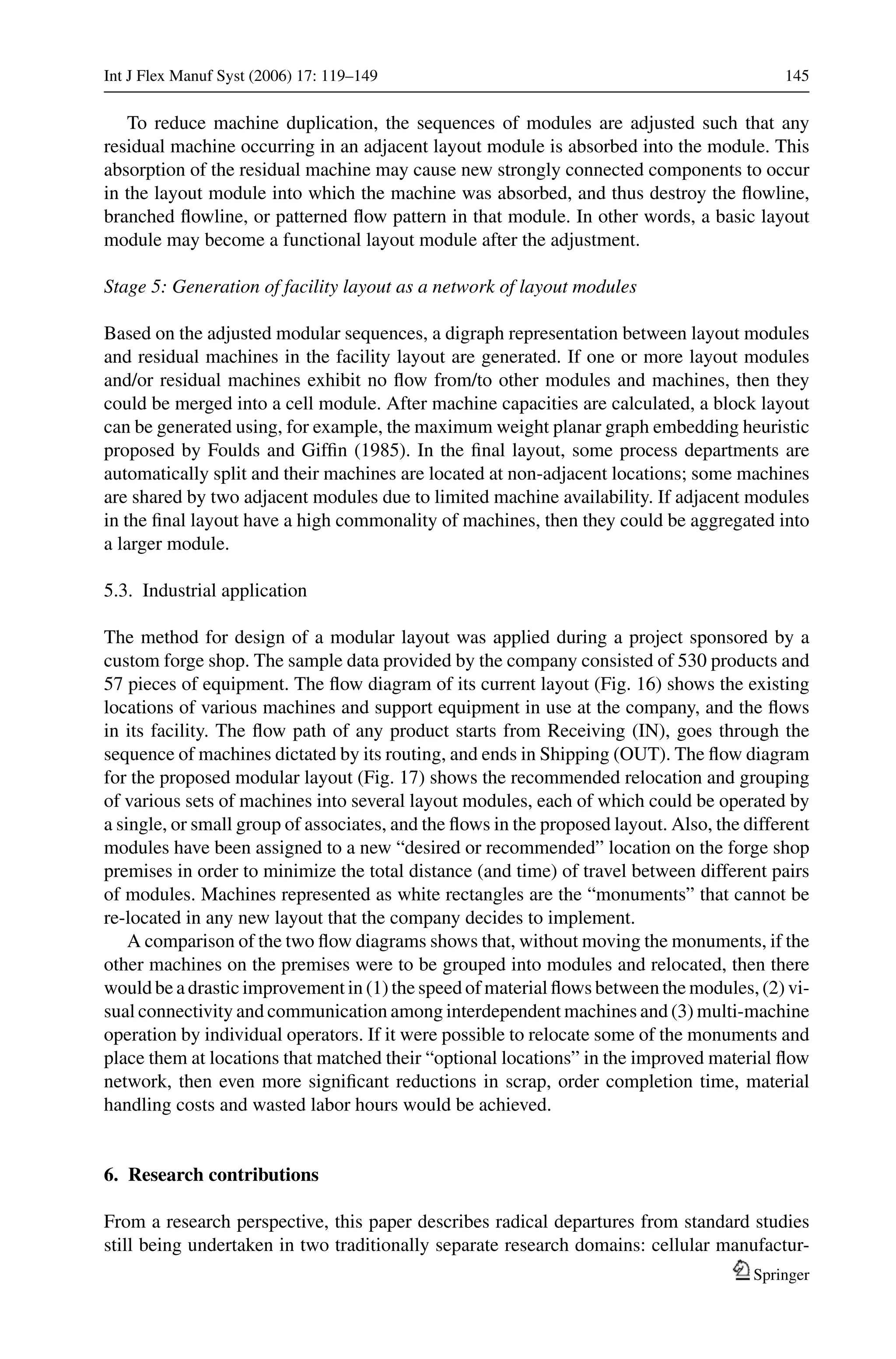 Int J Flex Manuf Syst (2006) 17: 119–149 145
To reduce machine duplication, the sequences of modules are adjusted such that any
residual machine occurring in an adjacent layout module is absorbed into the module. This
absorption of the residual machine may cause new strongly connected components to occur
in the layout module into which the machine was absorbed, and thus destroy the ﬂowline,
branched ﬂowline, or patterned ﬂow pattern in that module. In other words, a basic layout
module may become a functional layout module after the adjustment.
Stage 5: Generation of facility layout as a network of layout modules
Based on the adjusted modular sequences, a digraph representation between layout modules
and residual machines in the facility layout are generated. If one or more layout modules
and/or residual machines exhibit no ﬂow from/to other modules and machines, then they
could be merged into a cell module. After machine capacities are calculated, a block layout
can be generated using, for example, the maximum weight planar graph embedding heuristic
proposed by Foulds and Gifﬁn (1985). In the ﬁnal layout, some process departments are
automatically split and their machines are located at non-adjacent locations; some machines
are shared by two adjacent modules due to limited machine availability. If adjacent modules
in the ﬁnal layout have a high commonality of machines, then they could be aggregated into
a larger module.
5.3. Industrial application
The method for design of a modular layout was applied during a project sponsored by a
custom forge shop. The sample data provided by the company consisted of 530 products and
57 pieces of equipment. The ﬂow diagram of its current layout (Fig. 16) shows the existing
locations of various machines and support equipment in use at the company, and the ﬂows
in its facility. The ﬂow path of any product starts from Receiving (IN), goes through the
sequence of machines dictated by its routing, and ends in Shipping (OUT). The ﬂow diagram
for the proposed modular layout (Fig. 17) shows the recommended relocation and grouping
of various sets of machines into several layout modules, each of which could be operated by
a single, or small group of associates, and the ﬂows in the proposed layout. Also, the different
modules have been assigned to a new “desired or recommended” location on the forge shop
premises in order to minimize the total distance (and time) of travel between different pairs
of modules. Machines represented as white rectangles are the “monuments” that cannot be
re-located in any new layout that the company decides to implement.
A comparison of the two ﬂow diagrams shows that, without moving the monuments, if the
other machines on the premises were to be grouped into modules and relocated, then there
would be a drastic improvement in (1) the speed of material ﬂows between the modules, (2) vi-
sual connectivity and communication among interdependent machines and (3) multi-machine
operation by individual operators. If it were possible to relocate some of the monuments and
place them at locations that matched their “optional locations” in the improved material ﬂow
network, then even more signiﬁcant reductions in scrap, order completion time, material
handling costs and wasted labor hours would be achieved.
6. Research contributions
From a research perspective, this paper describes radical departures from standard studies
still being undertaken in two traditionally separate research domains: cellular manufactur-
Springer
 
