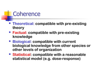 Coherence
 Theoretical: compatible with pre-existing
theory
 Factual: compatible with pre-existing
knowledge
 Biological: compatible with current
biological knowledge from other species or
other levels of organization
 Statistical: compatible with a reasonable
statistical model (e.g. dose-response)
 
