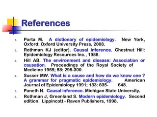 References
1. Porta M. A dictionary of epidemiology. New York,
Oxford: Oxford University Press, 2008.
2. Rothman KJ (editor). Causal inference. Chestnut Hill:
Epidemiology Resources Inc., 1988.
3. Hill AB. The environment and disease: Association or
causation. Proceedings of the Royal Society of
Medicine 1965; 58: 295-300.
4. Susser MW. What is a cause and how do we know one ?
A grammar for pragmatic epidemiology. American
Journal of Epidemiology 1991; 133: 635- 648.
5. Paneth N. Causal inference. Michigan State University.
6. Rothman J, Greenland S. Modern epidemiology. Second
edition. Lippincott - Raven Publishers, 1998.
 