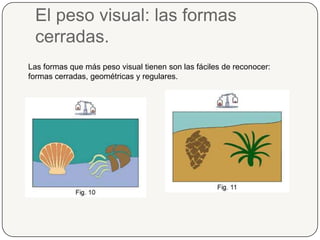 El peso visual: las formas cerradas.Las formas que más peso visual tienen son las fáciles de reconocer: formas cerradas, geométricas y regulares.
