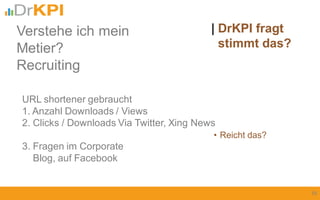 URL shortener gebraucht
1. Anzahl Downloads / Views
2. Clicks / Downloads Via Twitter, Xing News
3. Fragen im Corporate
Blog, auf Facebook
19
Verstehe ich mein
Metier?
Recruiting
| DrKPI fragt
stimmt das?
• Reicht das?
 