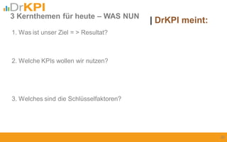 3 Kernthemen für heute – WAS NUN
1. Was ist unser Ziel = > Resultat?
2. Welche KPIs wollen wir nutzen?
3. Welches sind die Schlüsselfaktoren?
20
| DrKPI meint:
 
