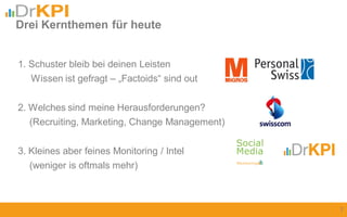 1. Schuster bleib bei deinen Leisten
Wissen ist gefragt – „Factoids“ sind out
2. Welches sind meine Herausforderungen?
(Recruiting, Marketing, Change Management)
3. Kleines aber feines Monitoring / Intel
(weniger is oftmals mehr)
Drei Kernthemen für heute
7
 