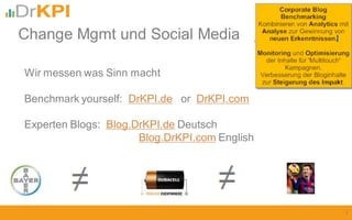 Wir messen was Sinn macht
Benchmark yourself: DrKPI.de or DrKPI.com
Experten Blogs: Blog.DrKPI.de Deutsch
Blog.DrKPI.com English
Change Mgmt und Social Media
1
 