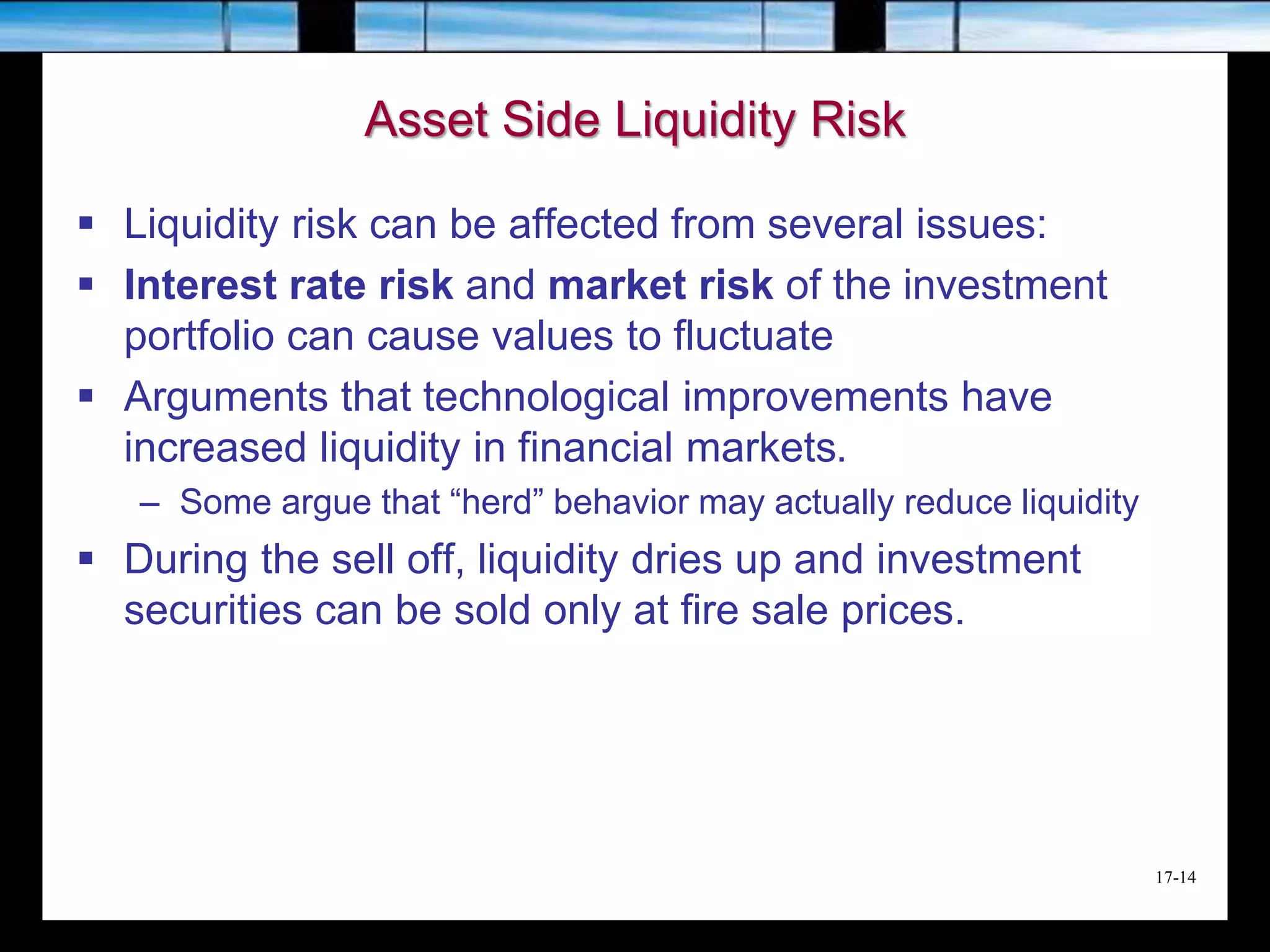 17-14
Asset Side Liquidity Risk
 Liquidity risk can be affected from several issues:
 Interest rate risk and market risk of the investment
portfolio can cause values to fluctuate
 Arguments that technological improvements have
increased liquidity in financial markets.
– Some argue that “herd” behavior may actually reduce liquidity
 During the sell off, liquidity dries up and investment
securities can be sold only at fire sale prices.
 